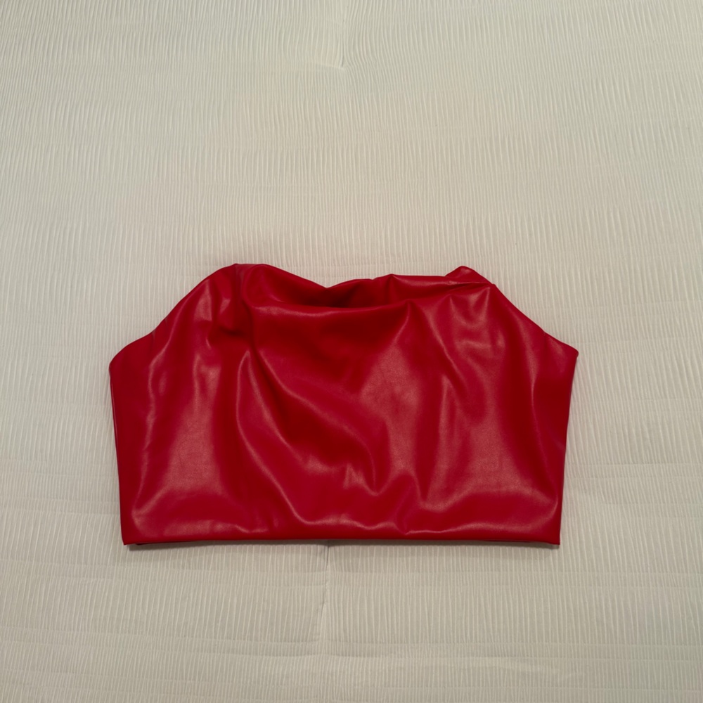 Red Faux Leather Strapless Top